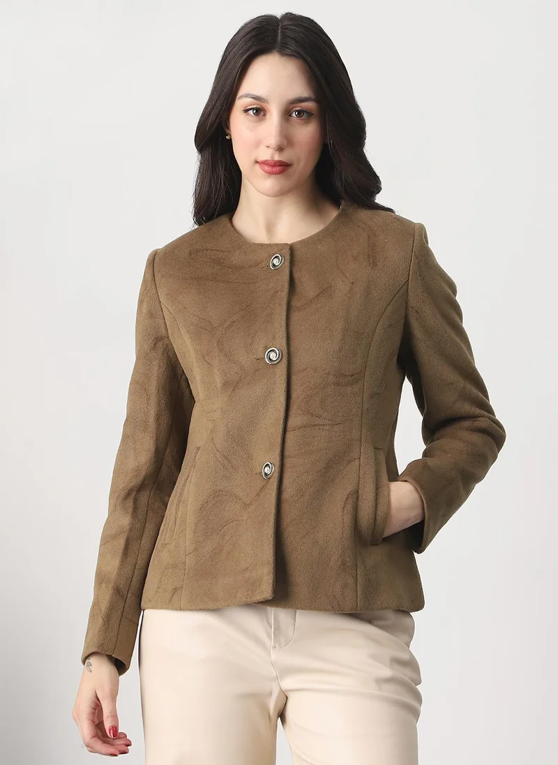 جلو باص Globus Women Brown Round Neck Long Sleeves Self Design Winter Wear Overcoat